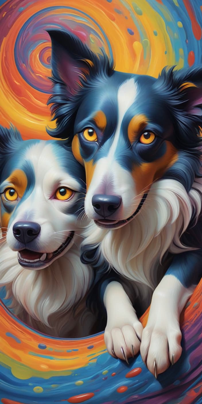  psychedelic style a masterpiece. (painting.) oil painting. the two border collie dogs intertwined as yin and yang. intense close up. bright colors. highly detailed strokes, clarity. fantasy, surrealist style: 1.5. . vibrant colors, swirling patterns, abstract forms, surreal, trippy