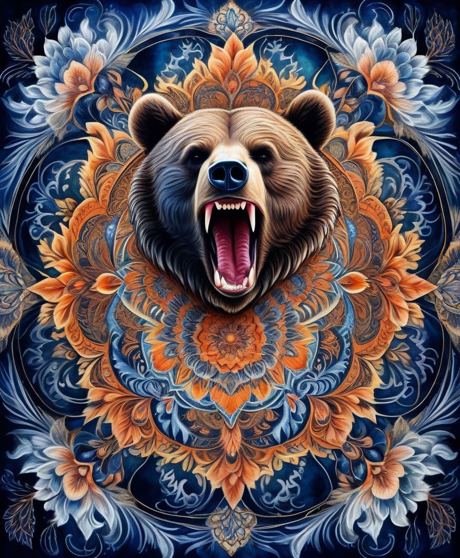  watercolor painting masterpiece, hdr 8k, digital image. conceptual art. (a bear with a bared mouth full of sharp fangs, appearing in ancient russian ethnic ornaments that make up a symmetrical mandala consisting of an endless forest, a wide flowing river and majestic mountains, the mandala is decorated with a fantastic ice pattern). abstract elements: stones, tree leaves, flowers. the effect of dissolving the natural shades of fur in sky waves. filigree finishes, mysterious neon glowing accents, intricate. stylization. neo rococo style. stylish, dynamic, atmospheric. background dissolving abstract patterns in the space:: vignetting:: complex ethnic ornament. mystery, fantasy surrealism. high detail. high quality. hdr. . vibrant, beautiful