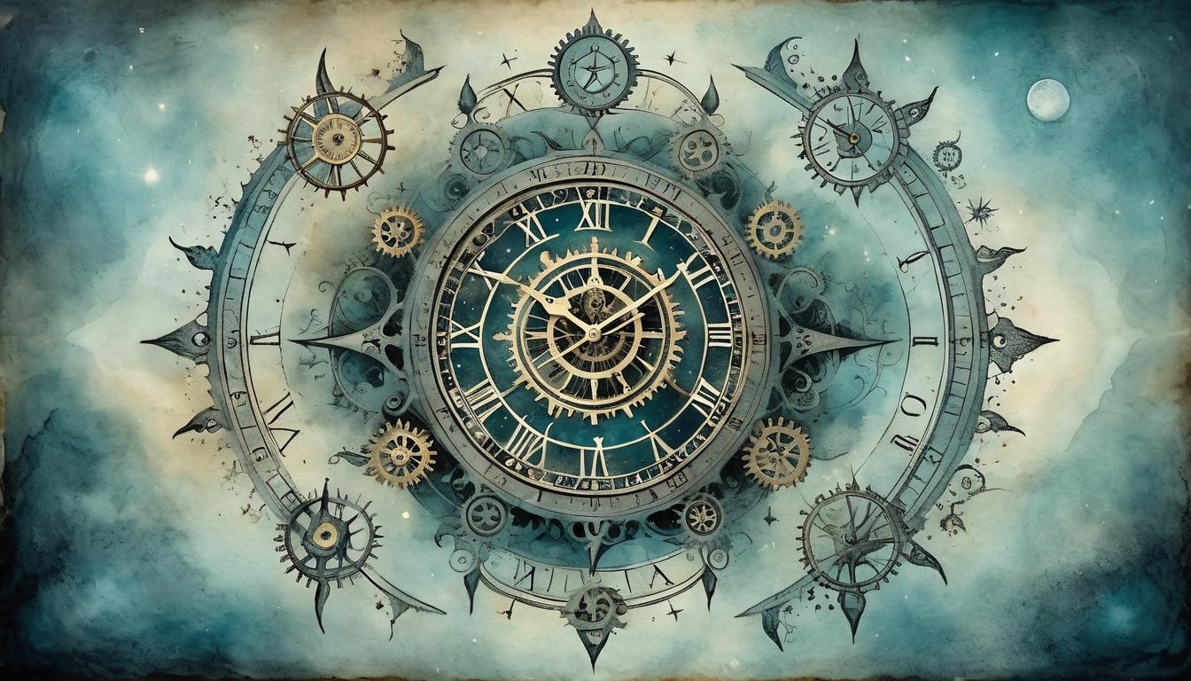  on parchment, surrealism+++, celestial clock, intricate gears and hands, misty cosmos, signs and symbols, ethereal(mysterious, provocative, symbolic,muted color)+++