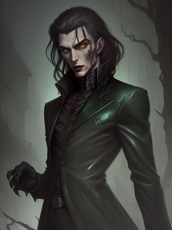  mysterious handsome vampire brunette green eyes black jacket tattoo, dark , creepy , blood , monsters , by jason engle , carlos huante , charlie bowater , simon lee , brom