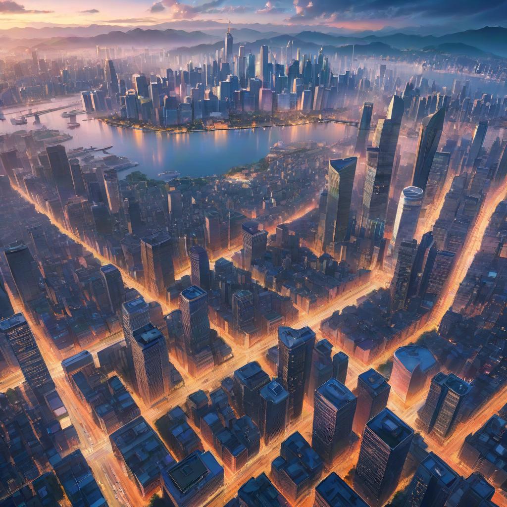  anime artwork landscape. a bird's eye view of the city . anime style, key visual, vibrant, studio anime, highly detailed, hkmagic hyperrealistic, full body, detailed clothing, highly detailed, cinematic lighting, stunningly beautiful, intricate, sharp focus, f/1. 8, 85mm, (centered image composition), (professionally color graded), ((bright soft diffused light)), volumetric fog, trending on instagram, trending on tumblr, HDR 4K, 8K