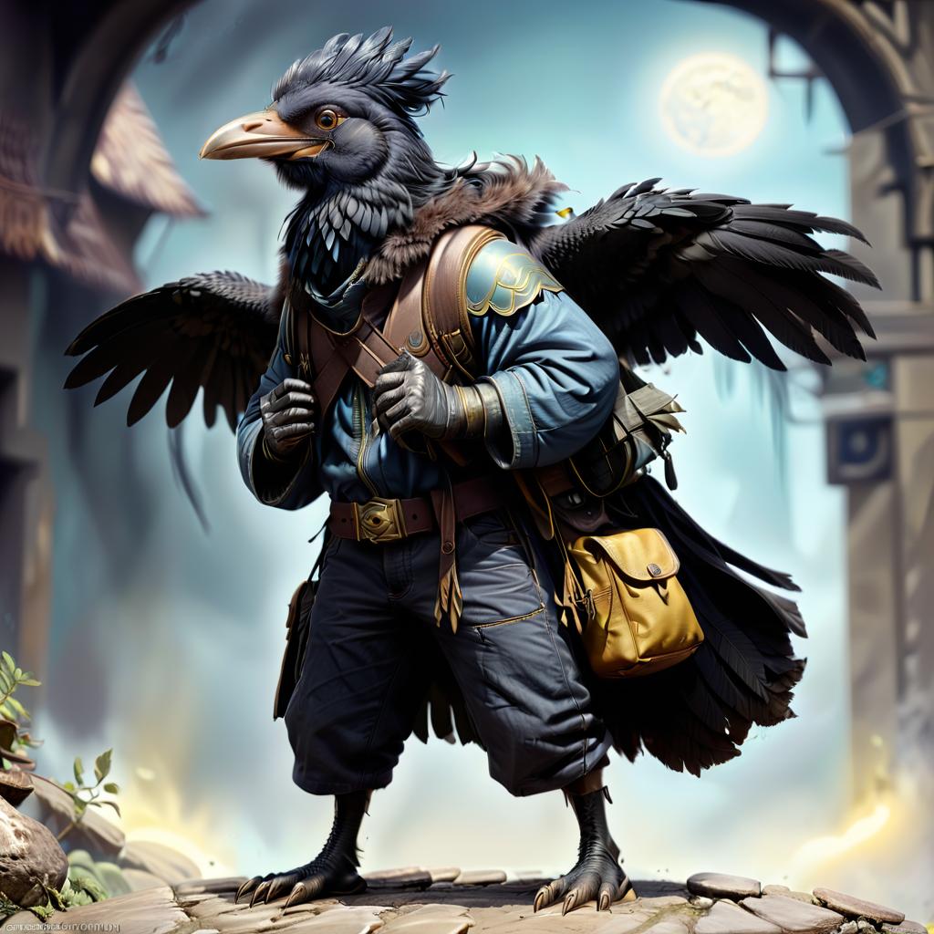  ethereal fantasy concept art of black with blue tint avian humanoid race with crow head alchemist, small beak, mischievous yellow eyes, smiling, feathers ruffled, wearing travelers rags and leather cloak with lots of pockets, has big backpack with pockets, bomb in hand, magical laboratory background . magnificent, celestial, ethereal, painterly, epic, majestic, magical, fantasy art, cover art, dreamy, civitai