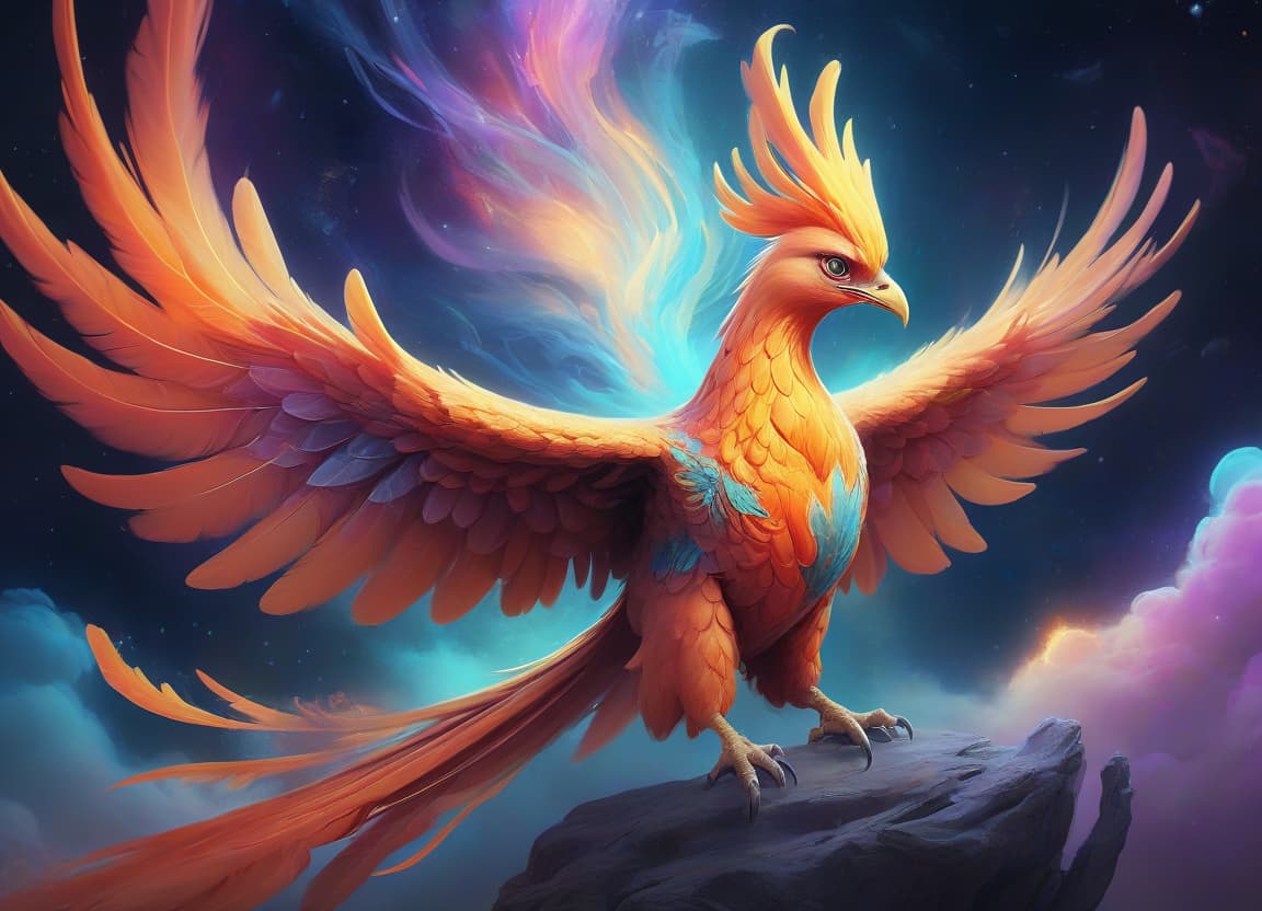  ethereal fantasy concept art of phoenix bird, space, 4k, bright colors . magnificent, celestial, ethereal, painterly, epic, majestic, magical, fantasy art, cover art, dreamy