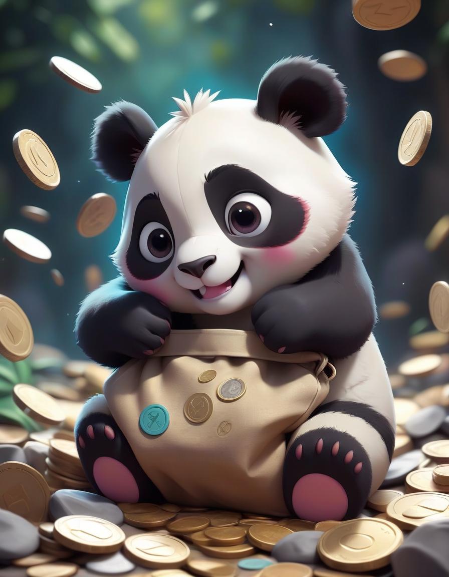  pokémon style a small cartoon panda hugs one bag with a slight smile, and coins are scattered nearby. . vibrant, cute, anime, fantasy, reminiscent of pokémon series