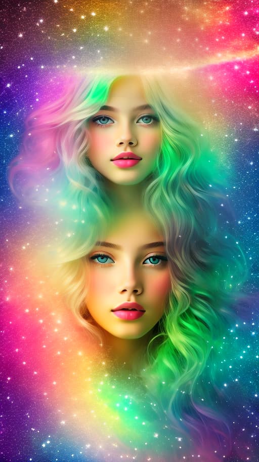  an atmospheric oil picture with a hyperreal portrait of a mesmerizingly beautiful celestial girl in a rainbow scale of pale pastel tones with huge watery green eyes, colors of sorrow and crystal structures, photo real stars of the pastel tones galaxy