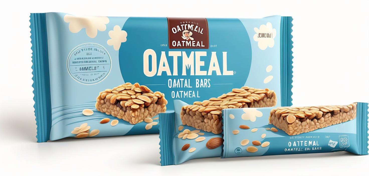  retail packaging style create a label for oatmeal bars on a white background . vibrant, enticing, commercial, product focused, eye catching, professional, highly detailed