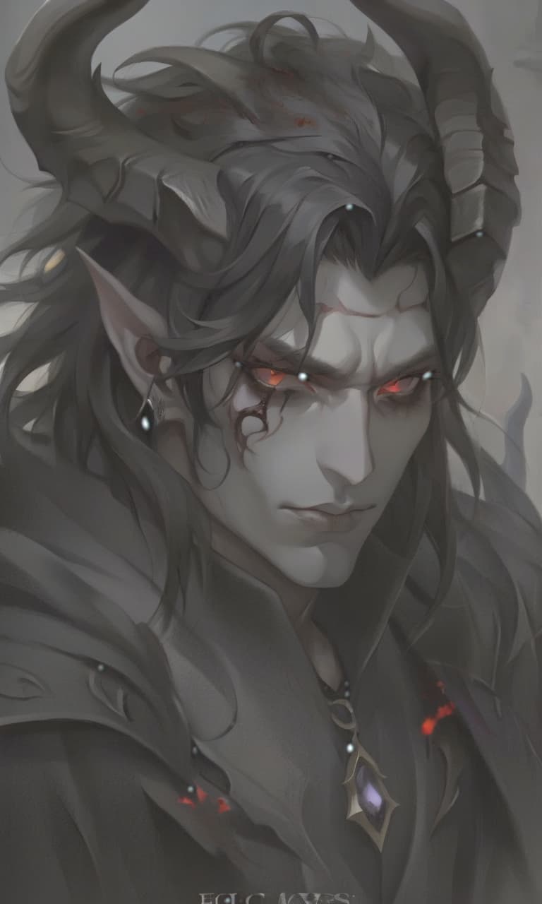  man demon, white skin, blood red eyes, black hair, white horns, black clothes