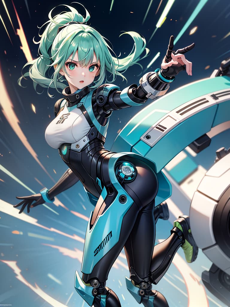  masterpiece,insanely detailed face,solo,girl,intelligence,genius,serious,cool,clear face,aqua hair,hair up,sidelocks,ring hair,humanoid,((mechanical joint)),((exoskeleton)),((mechanical legs)),green colored armor,pose,((kicking,high kick)),((incoming kick,incoming attack)),(standing on one leg),(outstretched foot,close up sole),blurr sole, looking at viewer,sense of movement,speed line,motion blurr,blurr fore ground,