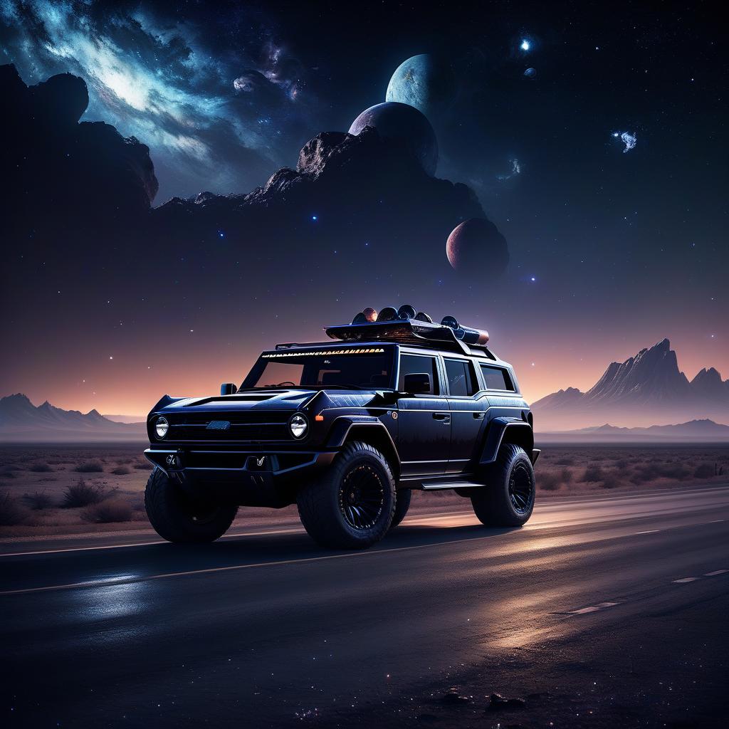  space themed black, brutal lamborghini ford bronco at night on the highway . cosmic, celestial, stars, galaxies, nebulas, planets, science fiction, highly detailed