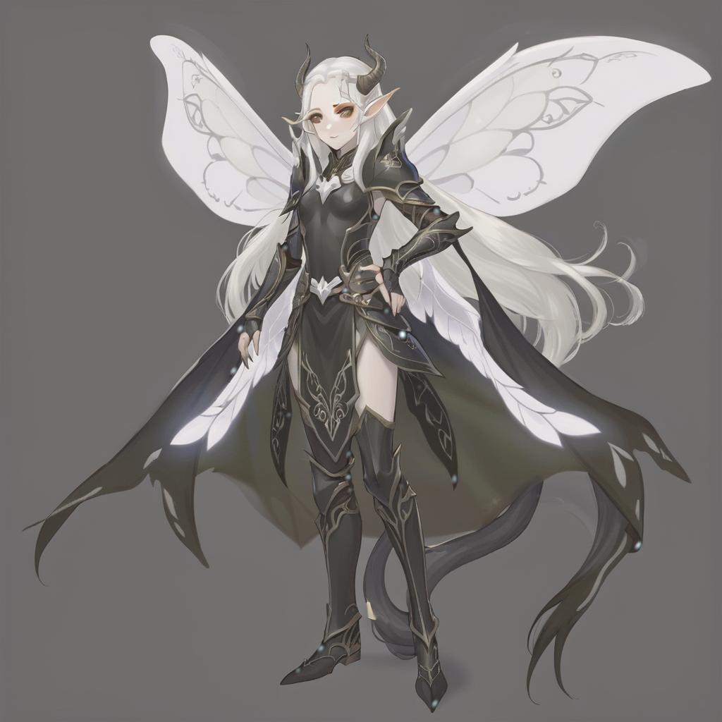  dnd, young , black horns on the head, white skin, white hair, long hair in the tail, white eyelashes, black eye white, white iris, pointed elven ears, white wings of a moth, black leather armor, pearl on the , hkmagic