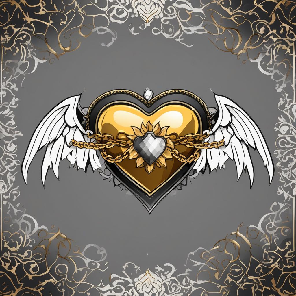  masterpiece, best quality, A white heart with a golden halo above it, and black devil wings on either side of it, fire surrounding the bottom of the outside with a gray background and a chain surrounding the white heart