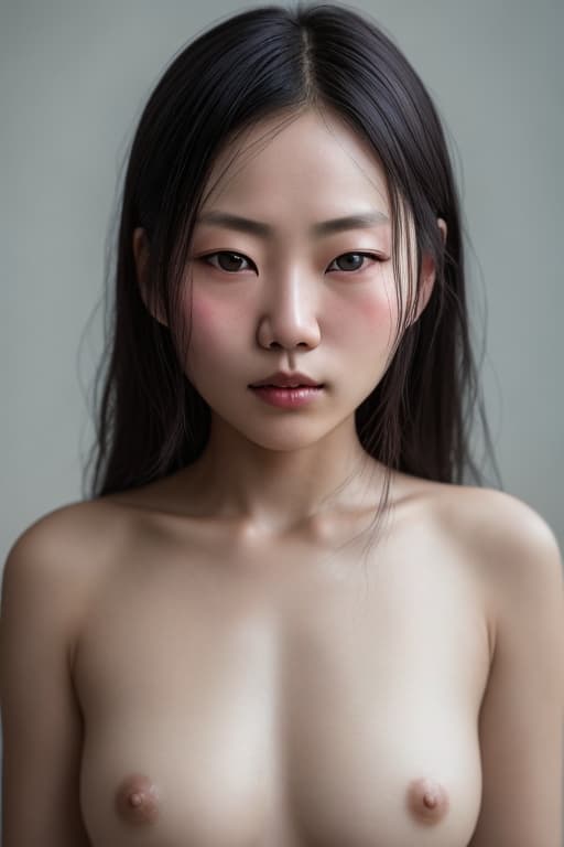  a beautiful japanese ,Exquisite facial features,big eyes,, face, red long layered hair, no makeup, realistic skin texture, low saturation, dark tone, inspired by Alessio Albi, f1. 4, 85mm lens, hyper realistic , lifelike texture, dramatic lighting, professional shot, heavy shadows, dynamic pose, innocent look