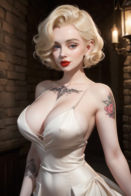  Marilyn Monroe (((pale skin))) ((blonde hair)) ((tattoos)) vintage gown in a dungeon