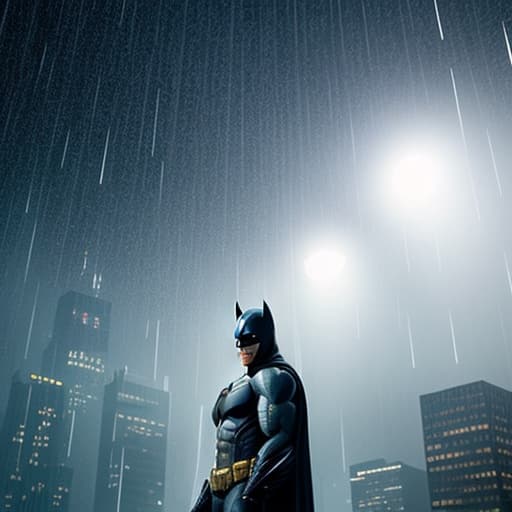  portrait of batman, a light rain, with individual raindrops falling, in urban setting in gotham city, raindrops are crystal clear, reflecting the surrounding environment, a dark and foggy moment of gentle rain, he moonlight and wayne corp building is illuminated in foreground hyperrealistic, full body, detailed clothing, highly detailed, cinematic lighting, stunningly beautiful, intricate, sharp focus, f/1. 8, 85mm, (centered image composition), (professionally color graded), ((bright soft diffused light)), volumetric fog, trending on instagram, trending on tumblr, HDR 4K, 8K