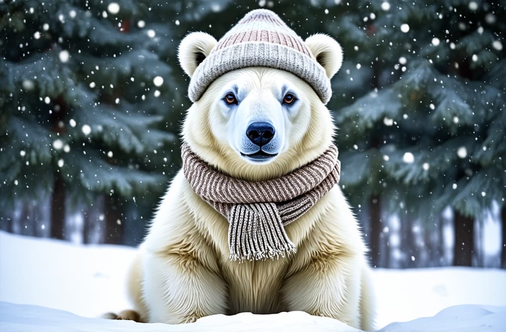  professional detailed photography, cute polar bear in a hat and scarf in winter, it's snowing. Крупный план ar 3:2, (muted colors, dim colors, soothing tones), (vsco:0.3)