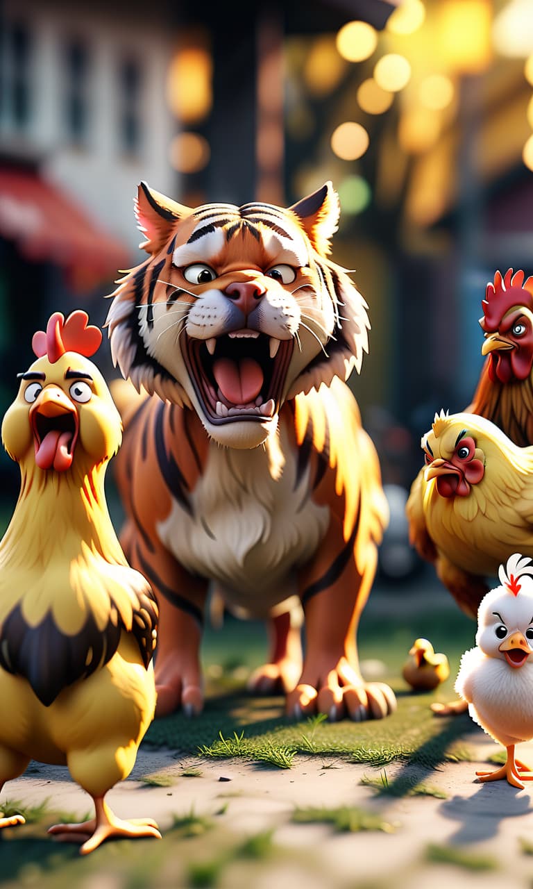  cinematic photo draw in one picture a growling tiger, a caring chicken with chickens and a sad dog . 35mm photograph, film, bokeh, professional, 4k, highly detailed, hkmagic