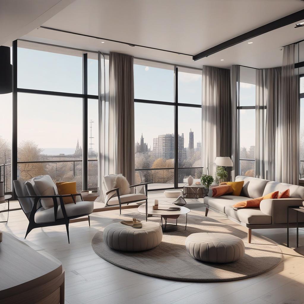  masterpiece, best quality, Best Quality, Masterpiece, 8k resolution,high resolution concept art of an apartment living room with floor to ceiling windows and modern furniture