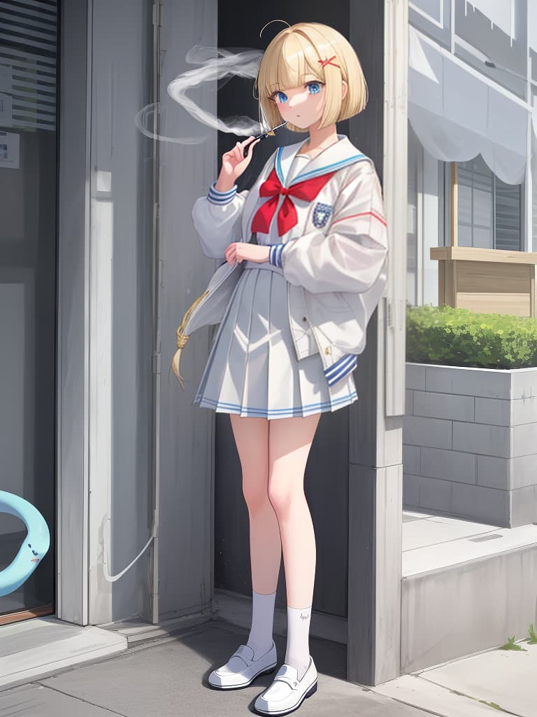  a girl who smokes cigarettes, white sailor uniforms, white pleated skirts, whole body, black loafers, blue eyes, blonde bob hair, summer sailor, souvenir jacket, snake tattoo, standing out, white, white, white. sailor suit, red headphones, green souvenir jacket, 綣 綣 綣 綣 綣 綣 綣 綣 綣 綣 綣 綣 綣 綣 綣 綣 綣 綣 綣, masterpiece, best quality,8k,ultra detailed,high resolution,an extremely delicate and beautiful,hyper detail