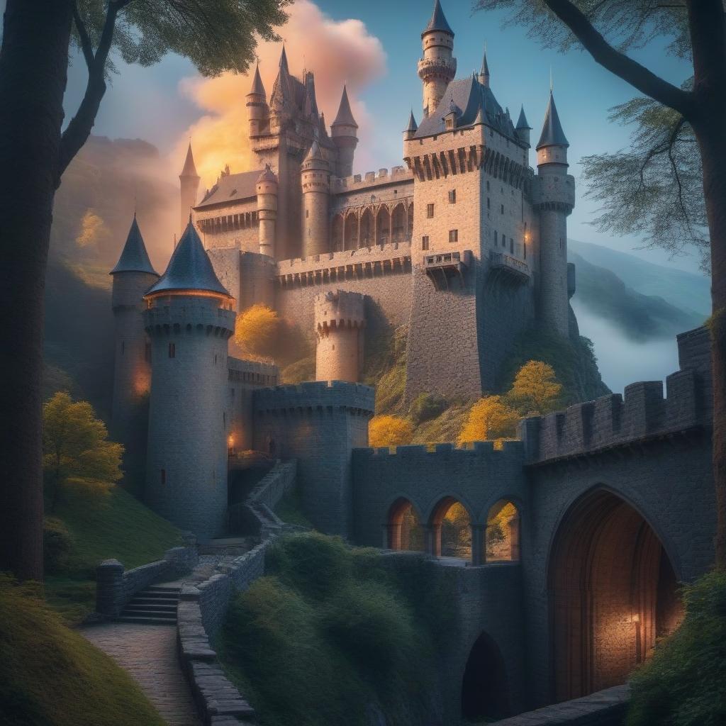  Fantastic castle hyperrealistic, full body, detailed clothing, highly detailed, cinematic lighting, stunningly beautiful, intricate, sharp focus, f/1. 8, 85mm, (centered image composition), (professionally color graded), ((bright soft diffused light)), volumetric fog, trending on instagram, trending on tumblr, HDR 4K, 8K