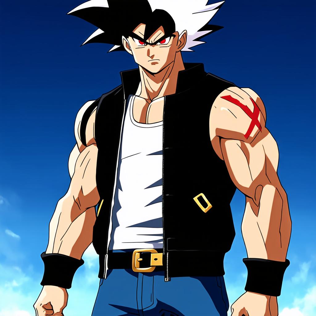  he is a half saiyan, half demon caucasian male with medium long spiky black hair that fades to white. his eyes are a scarlet hue with black pupils. he has a muscular build and an x shaped scar on his right shoulder. he wears a white tank top under a sleeveless black jacket, blue jeans with a gold belt buckle, and black and gold steel toe boots., award winning, professional, highly detailed, masterpiece