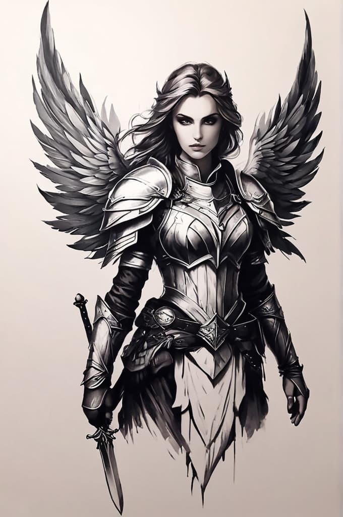  strong warrior girl with white wings , (tattoo sketch:1.25), drawing