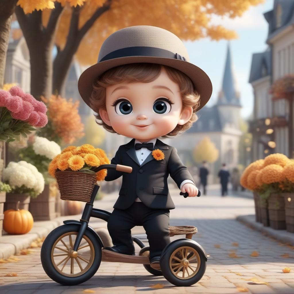  A cute big-eyed baby in a diaper and a tuxedo, a charming smile on a freckled face, a curly forelock sticking out from under a hat, on a tricycle carrying a basket of flowers through the autumn city, a bright dynamic Loll-style picture, digital animation, realistic