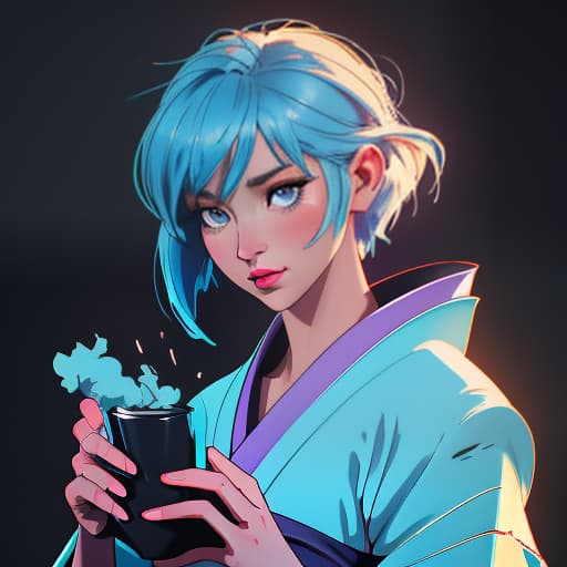  A woman, in a kimono, with light blue hair, short cut., Anime style photo, Manga style, Digital art, glow effects, Hand drawn, render, 8k, octane render, cinema 4d, blender, dark, atmospheric 4k ultra detailed, cinematic sensual, Sharp focus, humorous illustration, hyperrealistic, big depth of field, Masterpiece, colors, 3d octane render, 4k, concept art, trending on artstation, hyperrealistic, Vivid colors hyperrealistic, full body, detailed clothing, highly detailed, cinematic lighting, stunningly beautiful, intricate, sharp focus, f/1. 8, 85mm, (centered image composition), (professionally color graded), ((bright soft diffused light)), volumetric fog, trending on instagram, trending on tumblr, HDR 4K, 8K