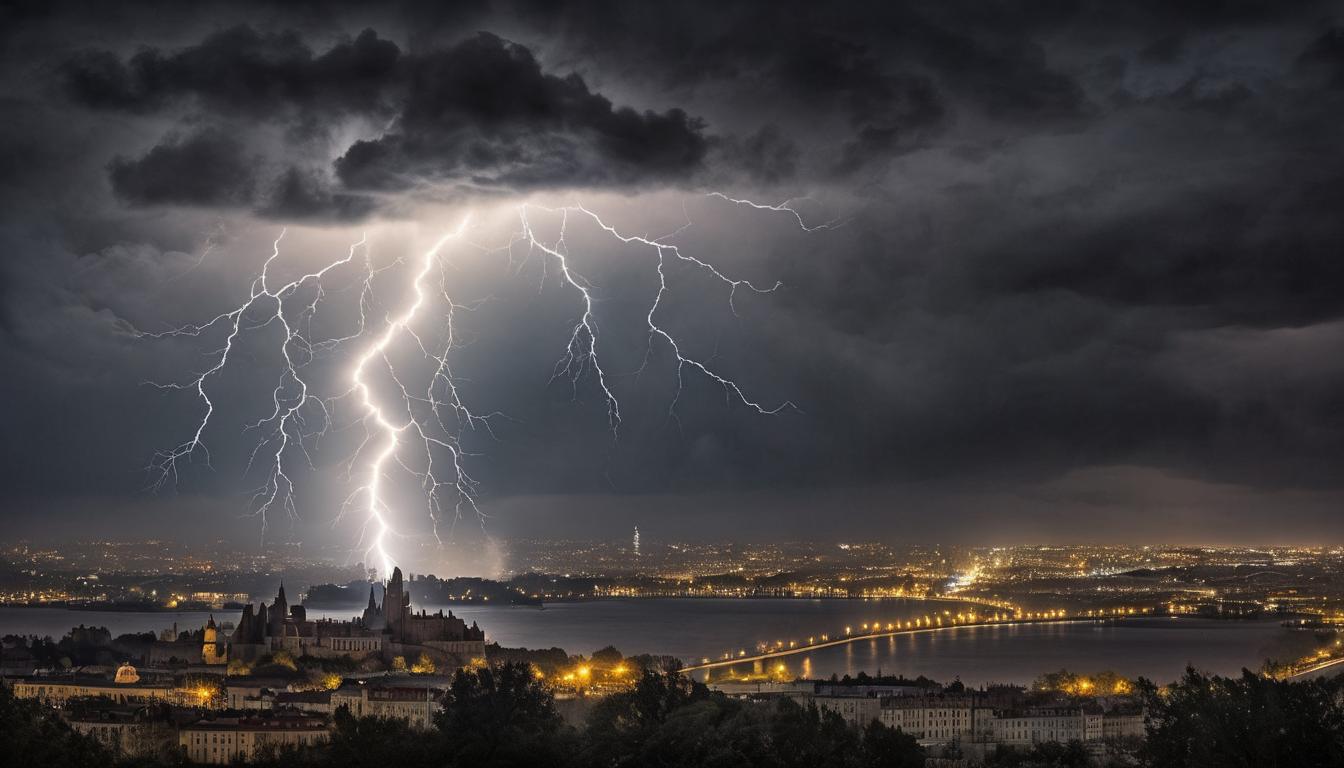  on parchment, surrealism++, a bright lightning bolt cutting through a dark stormy sky, illuminating a city below, momentary, intense, dramatic(mysterious, provocative, symbolic)++