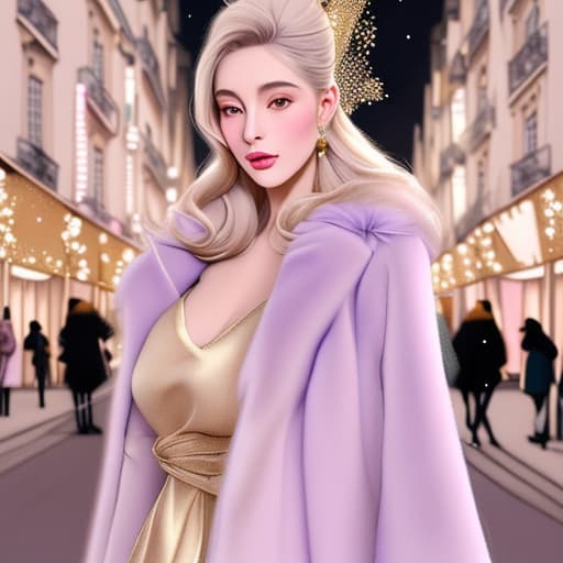  Pop up fur coat boutique, pastel pale purple and gold tones , at Christmas time in Paris , elegent classy luxury