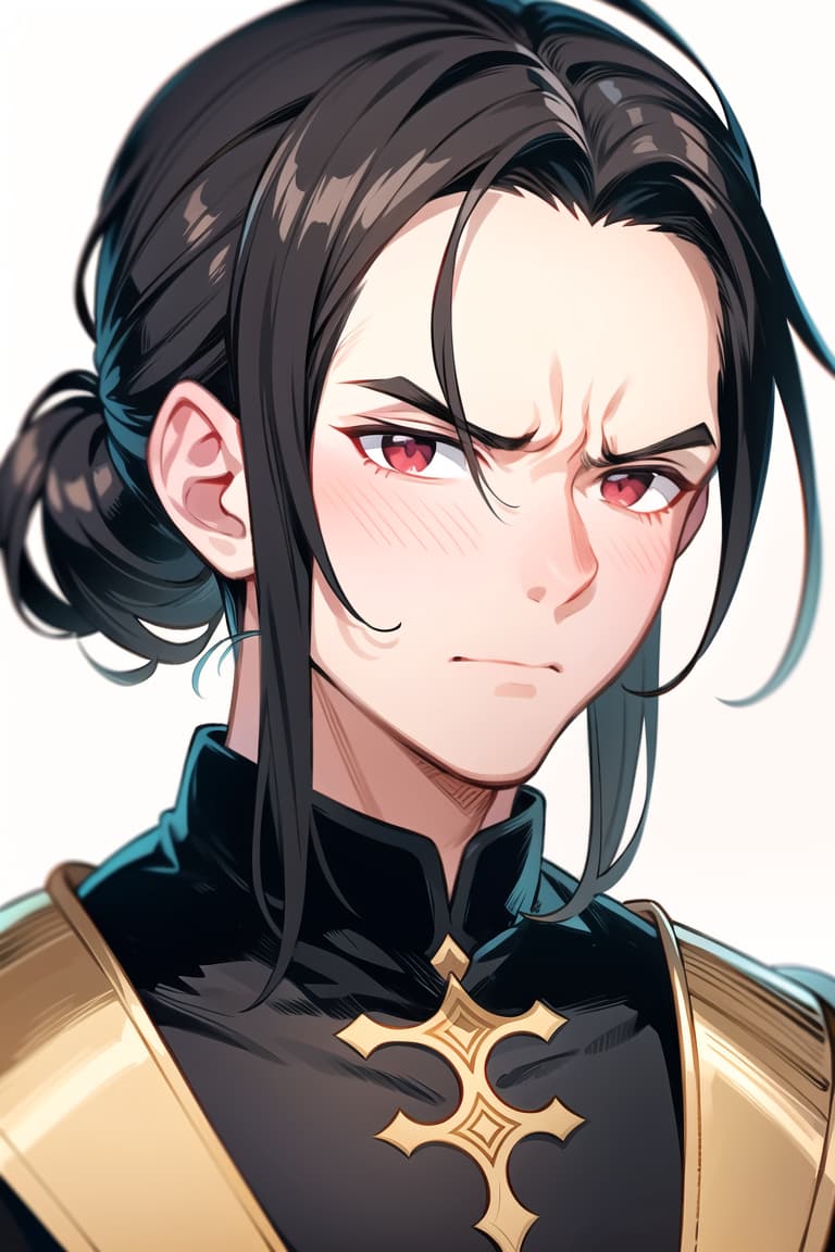  master piece , best quality,image/the character "felix" from the game fire emblem three houses.he is man. his hairstyle is a short black ponytail. he has red, slanted eyes. he has a furrowed brow, which makes him look a bit intimidating. he has his hair tied up high. he has wrinkles under his eyes.