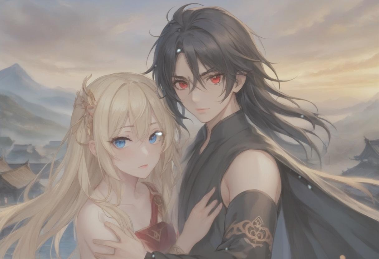  breathtaking realistic photo, two people, a character from the novel “system save yourself for the main hero”, lo binghe, a young man in black. long black hair to the waist, red eyes, demonic mark on the forehead, next to him a girl is blonde, blonde hair to the shoulder blades, european face type, light skin, blue eyes, plump lips, small tummy at the bottom at the waist naked both, distant camera, landscape . award winning, professional, highly detailed, hkmagic