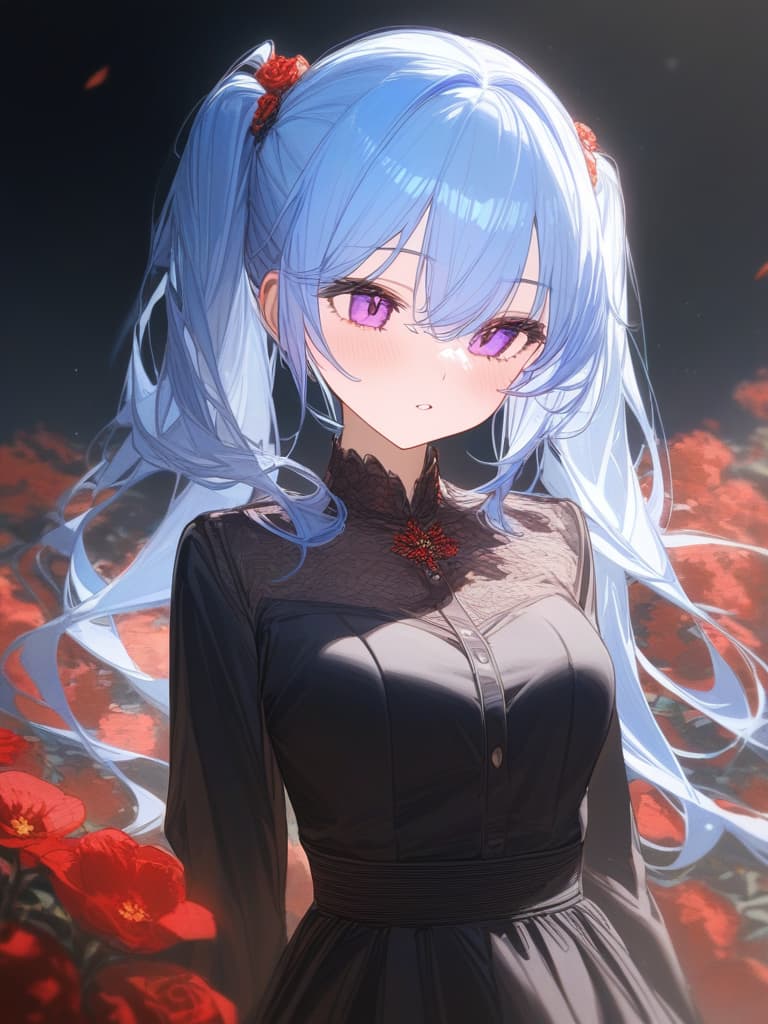  twin tails, purple eyes, red flowers, black dress, light blue hair, masterpiece, best quality,8k,ultra detailed,high resolution,an extremely delicate and beautiful,hyper detail