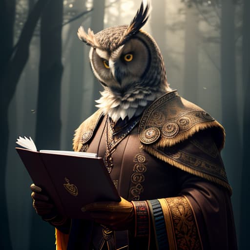  a man in a brown float with a folder on his right hand and a owl in his left hand hyperrealistic, full body, detailed clothing, highly detailed, cinematic lighting, stunningly beautiful, intricate, sharp focus, f/1. 8, 85mm, (centered image composition), (professionally color graded), ((bright soft diffused light)), volumetric fog, trending on instagram, trending on tumblr, HDR 4K, 8K