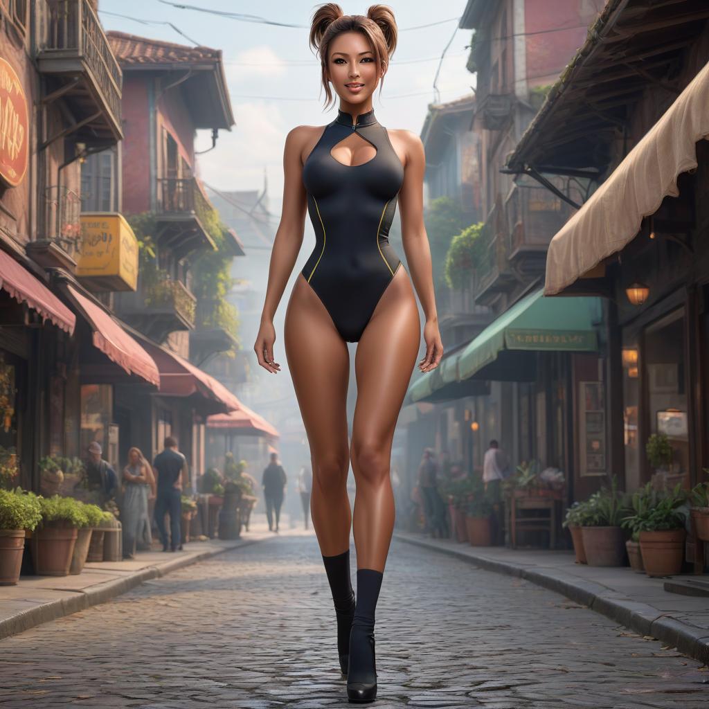  in full growth + highly detailed + girl + tanned skin + skinny + stockings + long legs + ponytail hair + a sly squint + smile + smirk + l(character, front, side and back views concept art) + artwork + colored + 8k + hdr hyperrealistic, full body, detailed clothing, highly detailed, cinematic lighting, stunningly beautiful, intricate, sharp focus, f/1. 8, 85mm, (centered image composition), (professionally color graded), ((bright soft diffused light)), volumetric fog, trending on instagram, trending on tumblr, HDR 4K, 8K