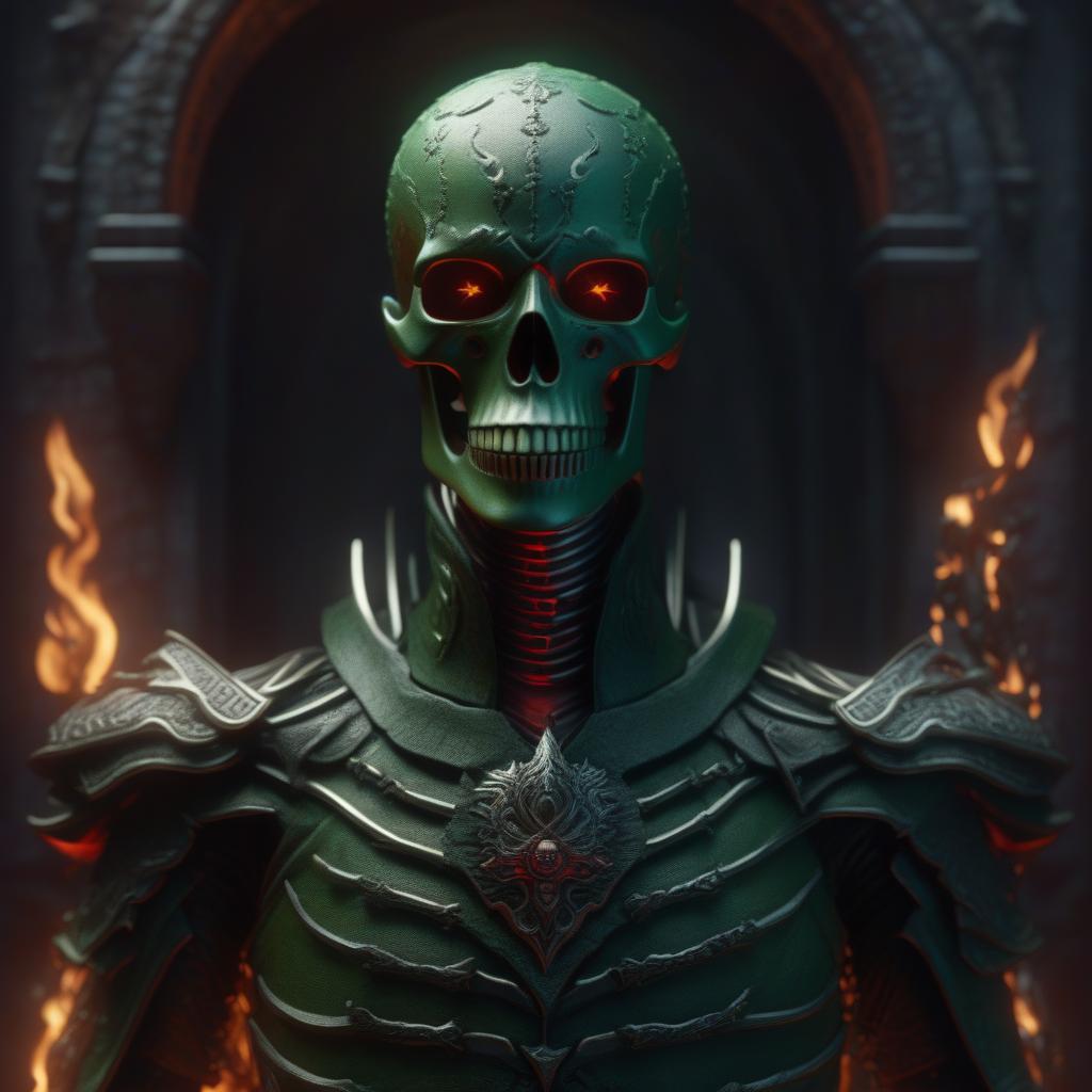  ((pencil drawing)), High quality 3D portrait rendering of a Ghoul guarding the gates of Hell. green nitro flames, Burning hellish skull, sparkling red eyes. Slender tall body, highly detailed skeleton covered in rags. Highly detailed flames and fire on the background, dark fantasy horror, fantasy red dramatic and cinematic lighting, artstation, soft-focus, FOD, f/2.2 --no horns, eyes, nose, hair, text, --q 5 --ar 2:3 --v 5 --s 1000, ultra detailed, hyper focus, high res, unreal engine, masterpiece, full body, , high quality, highly detailed, 4K, 8K