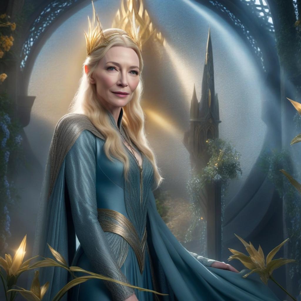  Cate Blanchett as the Light Galadriel hyperrealistic, full body, detailed clothing, highly detailed, cinematic lighting, stunningly beautiful, intricate, sharp focus, f/1. 8, 85mm, (centered image composition), (professionally color graded), ((bright soft diffused light)), volumetric fog, trending on instagram, trending on tumblr, HDR 4K, 8K