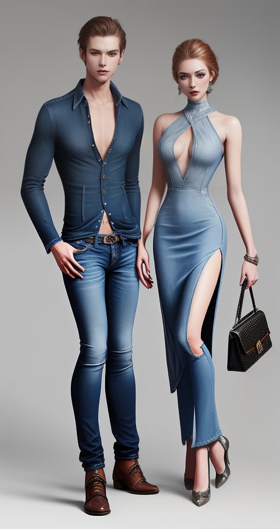  ((fashion illustration, full figures of women with asymmetrical dresses and men with jeans)), award winning, professional, highly detailed, masterpiece