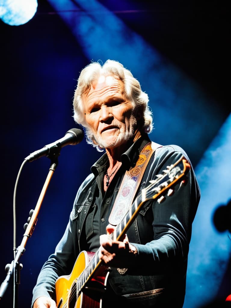  Country singer, Kris Kristofferson, on stage, medium shot, upper body, spotlight, long exposure lighting, street art style spray paint, glamour lighting