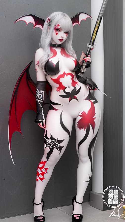  White and red bat pattern body paint in every corner of the body,silver body paint all over the body,Grey face paint on the face, Two succubus, full body image 女性