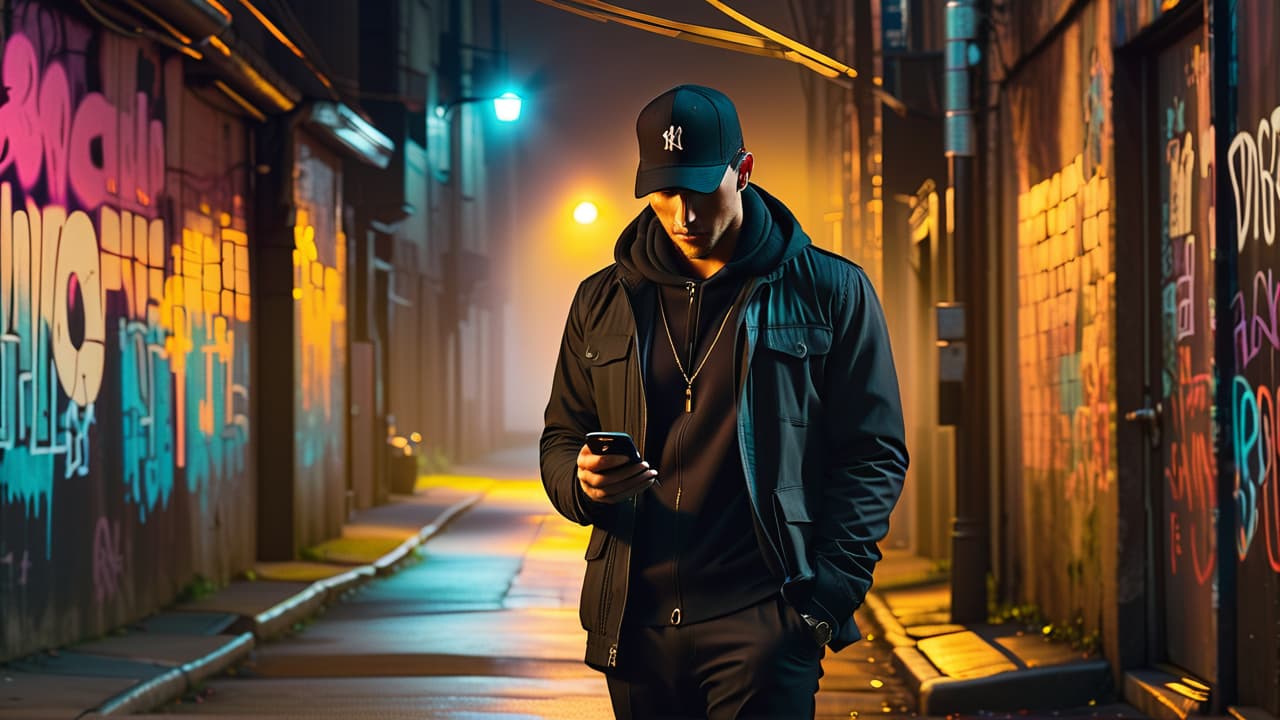  a shadowy figure in a dimly lit alley, holding a glowing smartphone, surrounded by eerie graffiti and flickering streetlights, suggesting urgency and mystery, with a hint of an urban legend atmosphere. hyperrealistic, full body, detailed clothing, highly detailed, cinematic lighting, stunningly beautiful, intricate, sharp focus, f/1. 8, 85mm, (centered image composition), (professionally color graded), ((bright soft diffused light)), volumetric fog, trending on instagram, trending on tumblr, HDR 4K, 8K