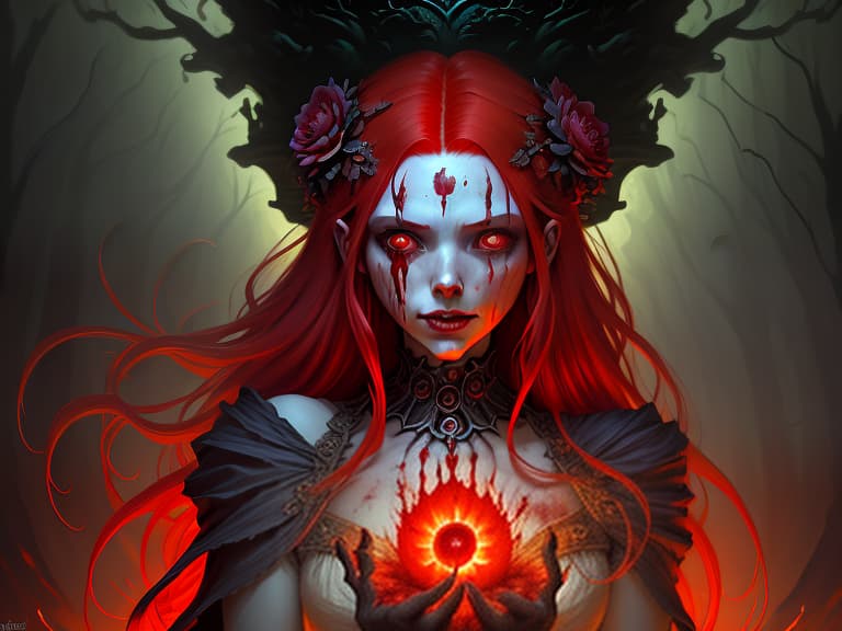  the goddess of power takes control of the living. a very beautiful living flowering bright girl with red hair, dark , creepy , blood , monsters , by jason engle , carlos huante , charlie bowater , simon lee , brom