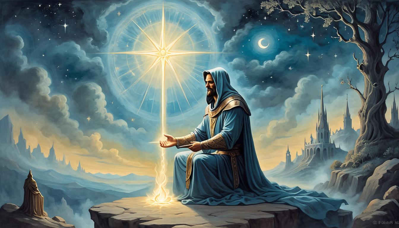  on parchment, surrealism+++, godlike figure bestowing light upon a kneeling mortal, ethereal glow, shimmering divine aura, tranquil night sky with gentle celestial bodies, reverence, divine connection(mysterious, provocative, symbolic,muted color)+++