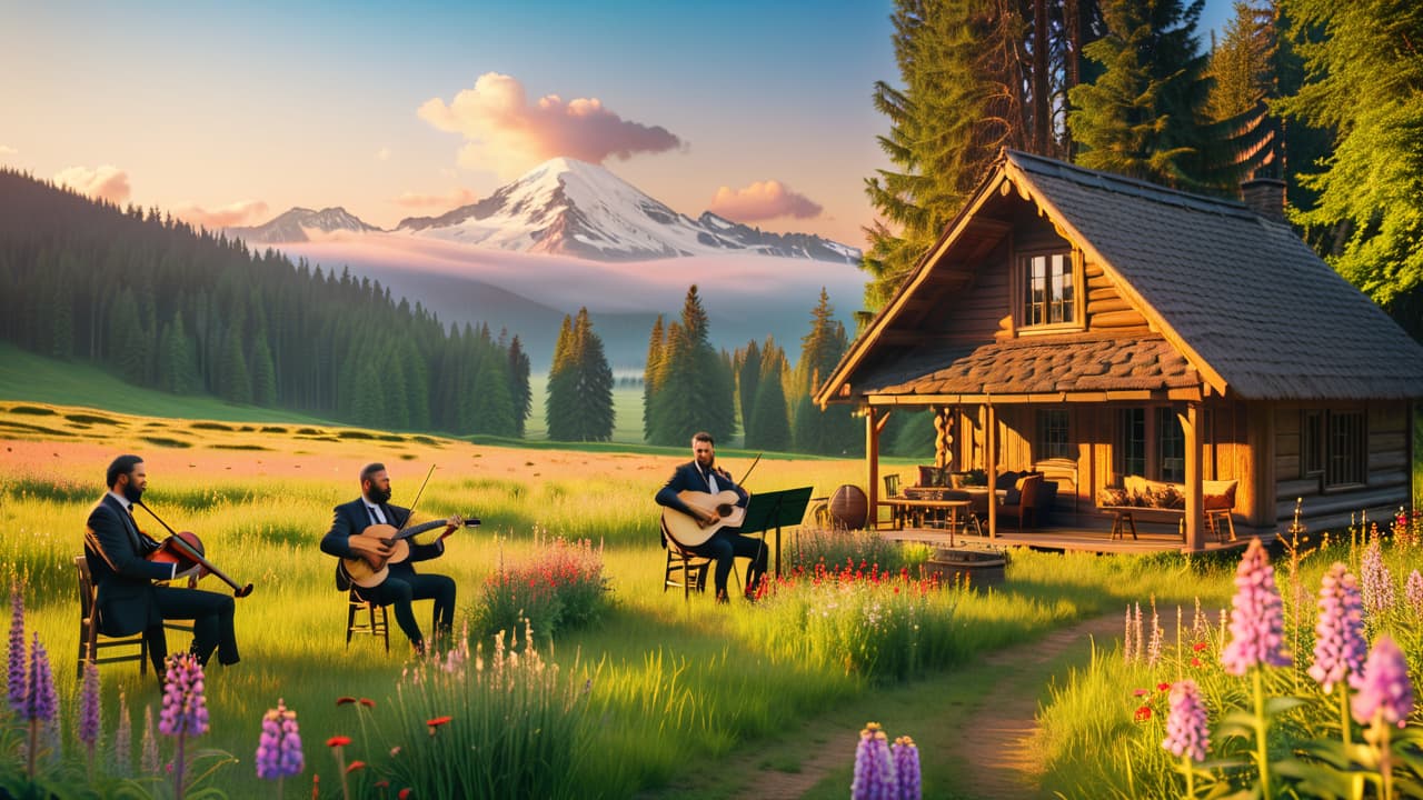  a rustic scene featuring a diverse group of musicians playing traditional instruments in a sunlit meadow, surrounded by vibrant wildflowers, with a cozy wooden cabin in the background and a warm sunset casting golden hues. hyperrealistic, full body, detailed clothing, highly detailed, cinematic lighting, stunningly beautiful, intricate, sharp focus, f/1. 8, 85mm, (centered image composition), (professionally color graded), ((bright soft diffused light)), volumetric fog, trending on instagram, trending on tumblr, HDR 4K, 8K