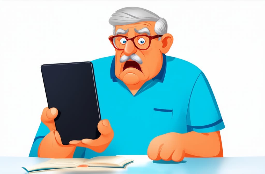  shocked surprised senior man using tablet isolated on white background, funny cartoon illustration ar 3:2 {prompt}, maximum details