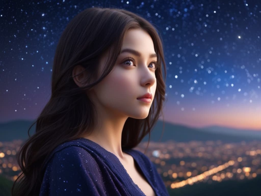  one girl, beautiful face, beautiful eyes, starry sky background