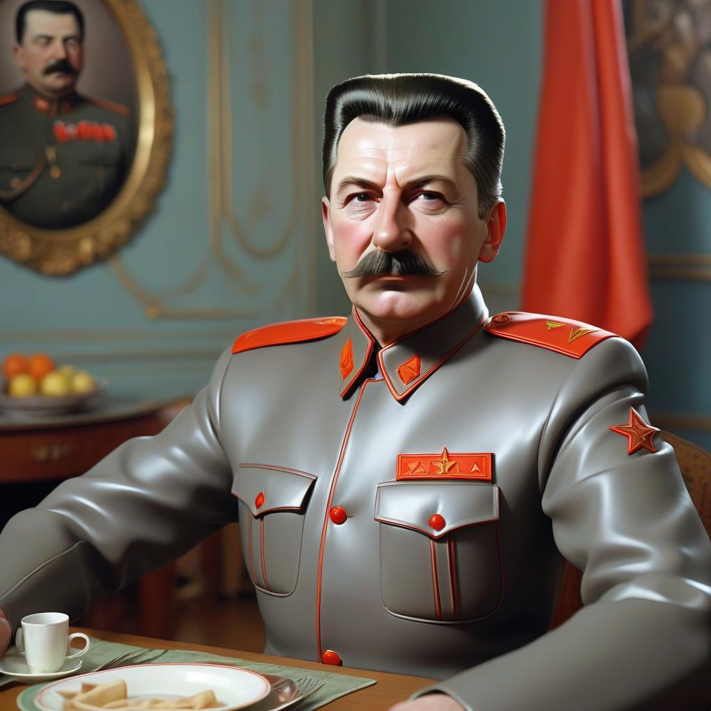  stalin in a latex suit in a soviet dining room