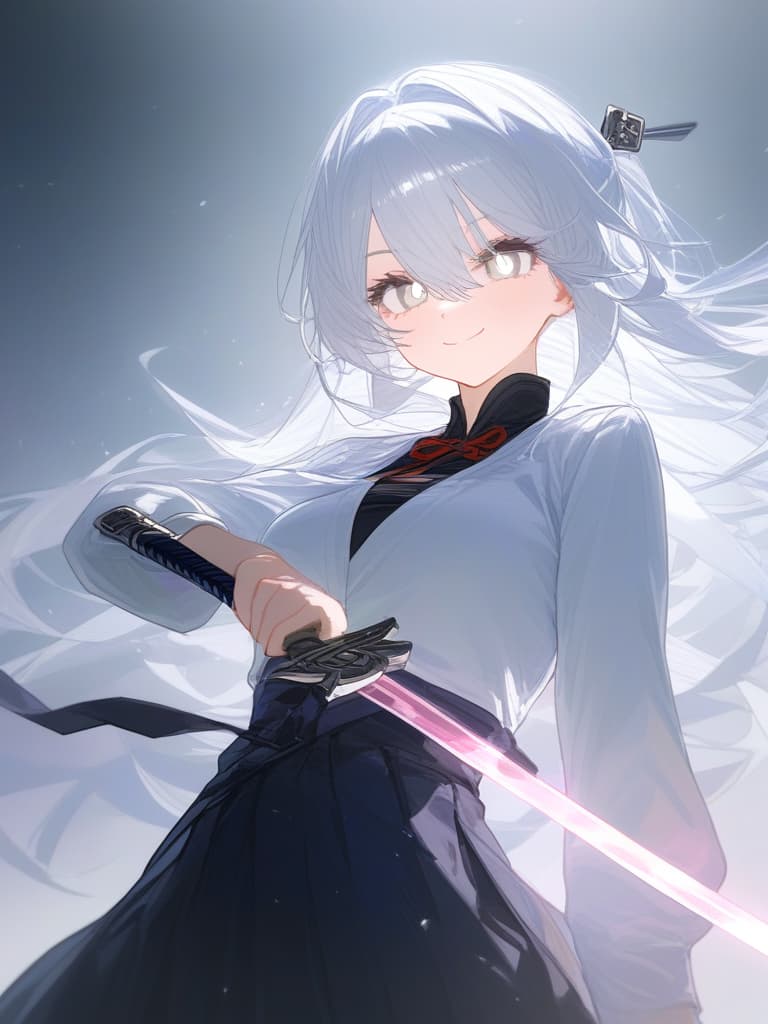  beauty girl,perfect girl,girl,hakama,袴,hairpin,簪,japanese style,transparent sword,stinking eyes,ジト目,cool,beauty,turn this way,white hair,white eyes,beautiful eyes,white eyelashes,close,smile