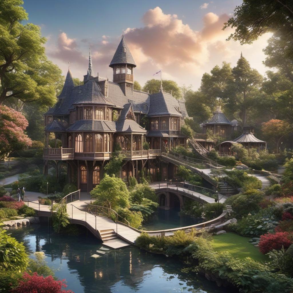  ideal high school exterior aerial over a treehouse and ponds, grand entrance, big arches and windows, mystical style