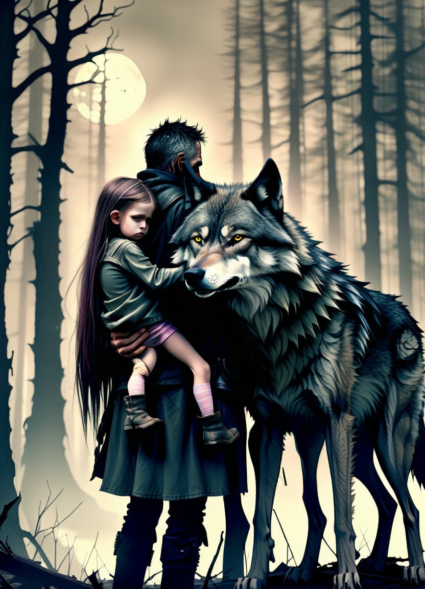  dystopian style make him a witch, he hugs his daughter, he's got a familial wolf, behind him is a forest. . bleak, post apocalyptic, somber, dramatic, highly detailed