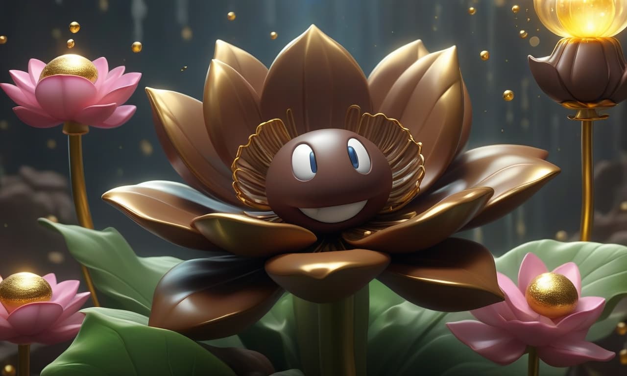  style super mario game realistic bright oil drawing 3 d a large magical flower made of chocolate, similar to a lotus, with large high petals of chocolate, magical fireflies fly around, gold bars lie nearby, a futuristic landscape around